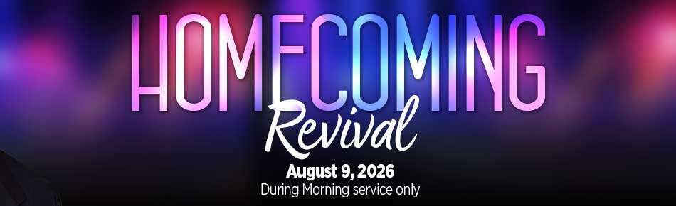 dark purple and black banner to advertise homecoming revival on august 9th